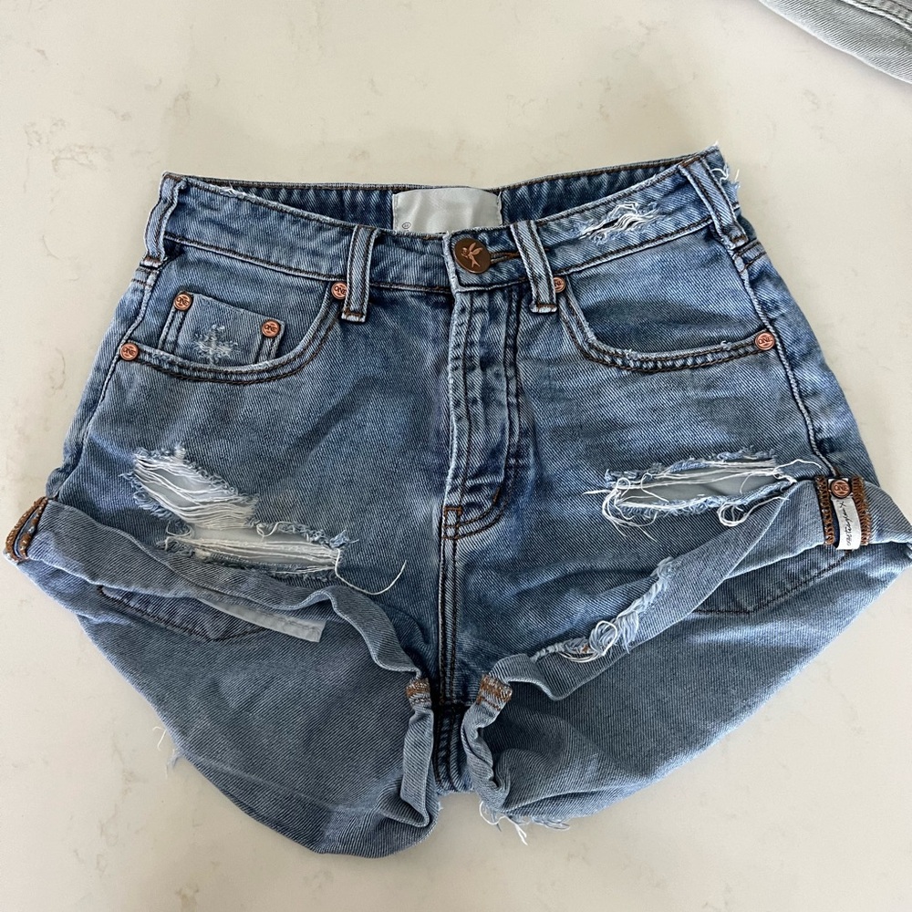 One Teaspoon Distressed Blue Denim Jean Shorts